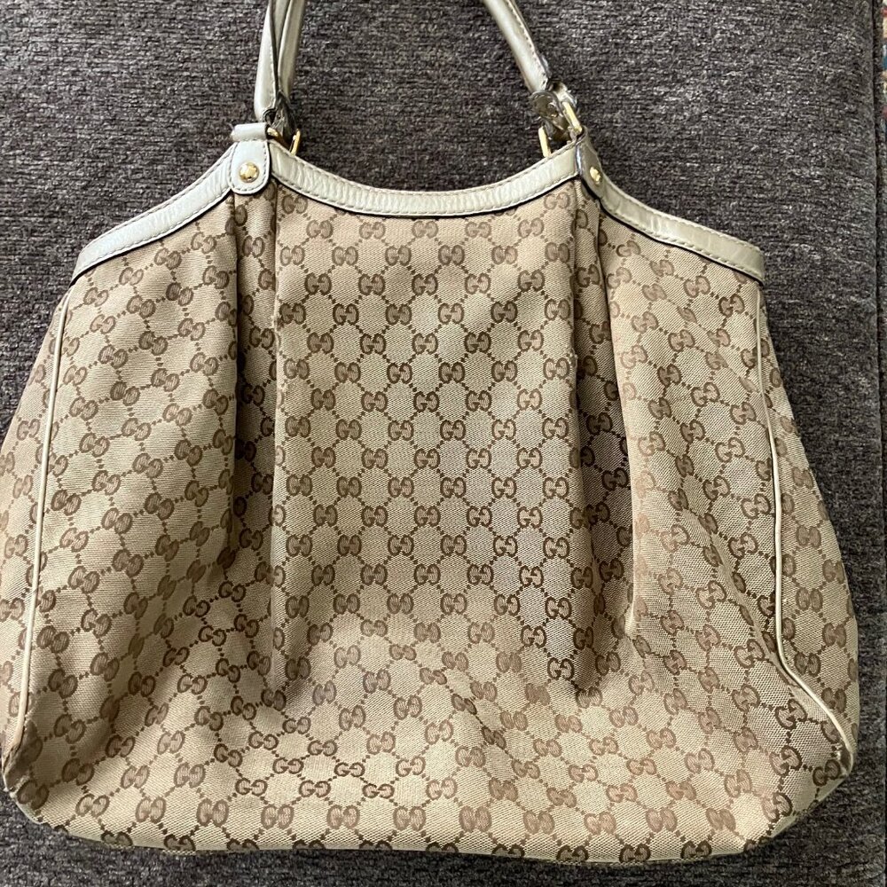 MONOGRAM Large SUKEY GUCCI Tote Gold Leather Trim & GG Gold Charm